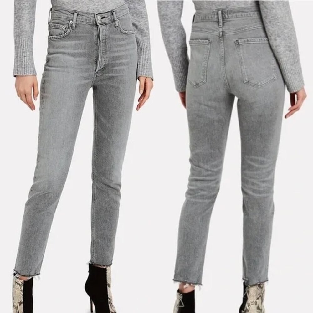 AGOLDE‎ Nico High Waist Rise Slim Jeans Risk Grey Stone Wash 25 Raw Hem $198